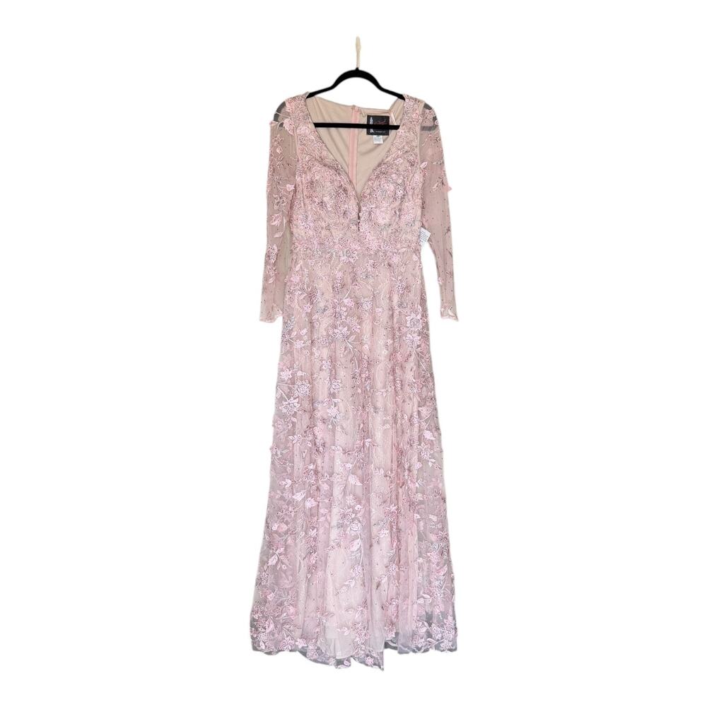 Mac Duggal 70224 Floral Applique Illusion Gown Long Sleeve Rose Pink Size 8 NWT - Picture 5 of 16